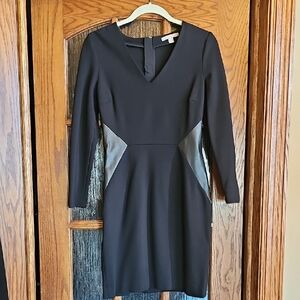 Banana Republic Black Long-Sleeve V-Neck Dress with Faux Leather Panels